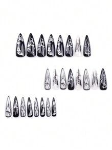24片长指甲欧美复古银色立体水滴纹黑蝴蝶手工戴按压式指甲美甲用品指甲 - 黑色 - 查看 2