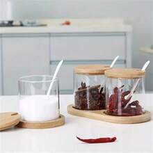 3入組玻璃瓶+蓋，竹蓋香料瓶套裝，適用於香料、豆類、糖果、堅果、香草、乾糧罐頭、廚房用品、食品、烹飪、調味、香料、胡椒、大蒜、鹽、組織者、派對、房間裝飾等 - 彩色 - 查看 5