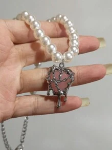 1 pieza Collar con colgante en forma de corazón y lazo, perla falsa, estilo gótico Kpop Harajuku, estética, para mujer y niña, Y2k, 2000s, EMO, vintage, punk, accesorios de joyería, regalo para San Valentín, mamá, madre, Día de la Madre