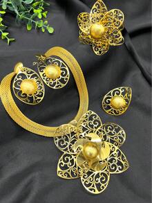 ANIID 2024新款時尚女士花形掛墜繩項鍊手鐲耳環戒指珠寶組，4件套。新娘婚禮珠寶，節日禮物，夏季黃金珠寶。 - 金黃色 - 查看 2