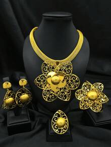 ANIID 2024新款時尚女士花形掛墜繩項鍊手鐲耳環戒指珠寶組，4件套。新娘婚禮珠寶，節日禮物，夏季黃金珠寶。 - 金黃色 - 查看 1