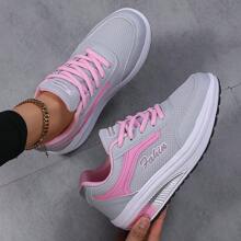 女士運動休閒輕盈透氣厚底網眼跑步鞋，時尚款式鞋帶式戶外徒步健行休閒鞋 - 粉色 - 查看 1