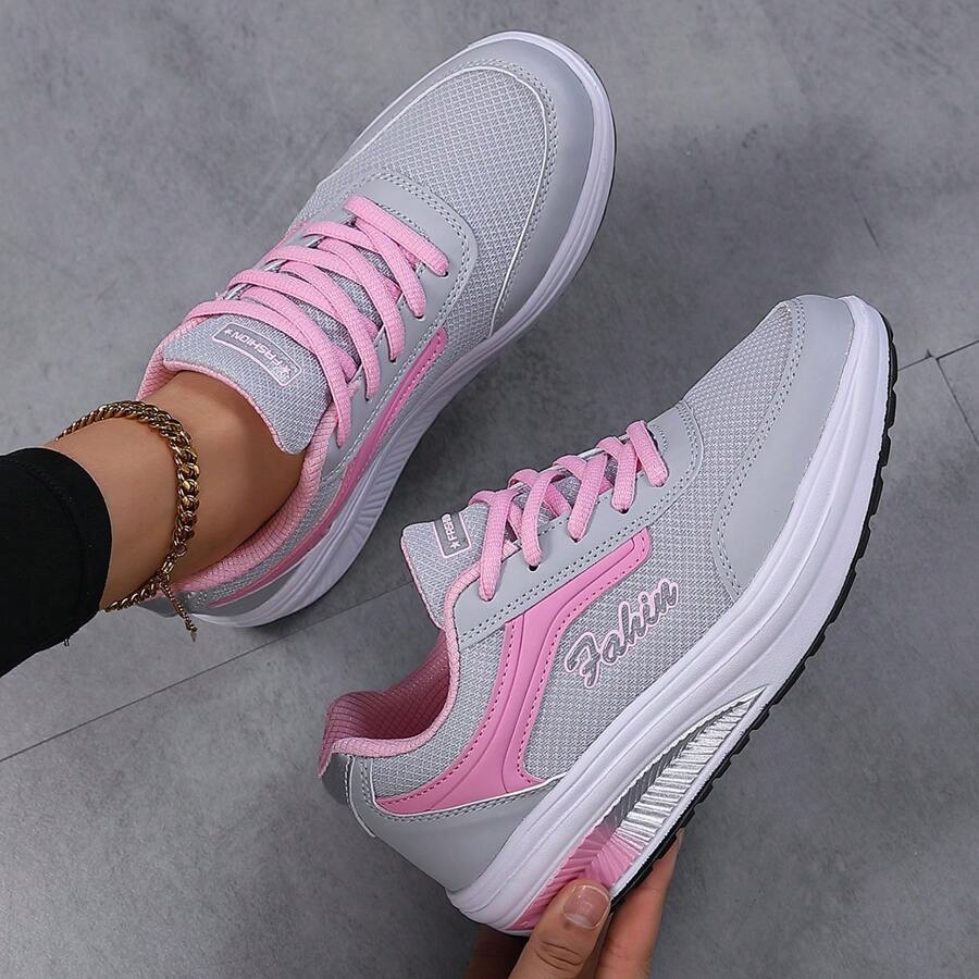 女士運動休閒輕盈透氣厚底網眼跑步鞋，時尚款式鞋帶式戶外徒步健行休閒鞋 - 粉色 - 查看 1