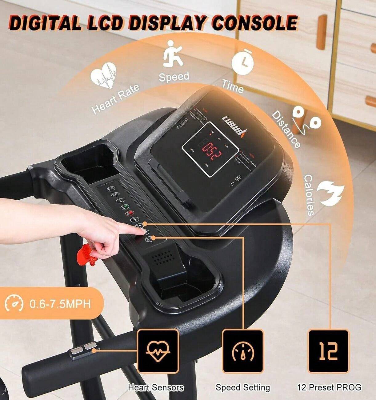 Premium Folding Incline Treadmill , Speed Buttons, Shock