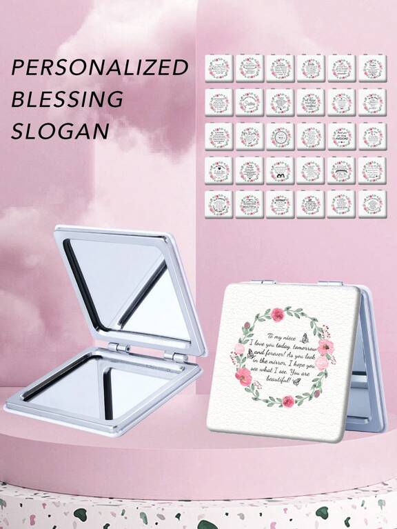 1pc Blessing Series Foldable Lightweight Ultra Thin Stainless Steel Silver Nanometer Coated Edge Exquisite And Detailed Design Vanity Pocket Mirror Suitable For All People And Various Occasions Foldable Square Shape Convenient To Carry Gift With Unique Flower Blessing Slogan Design Exquisite And Unique Beautiful Foldable Structure Ensures Durability And Reliability Easy To Carry And Convenient To Hold Makeup Mirror 180 Flip Cover Multi Functional Mini Mirror Compact Mirror Ideal For Daily Festival Birthday Valentine s Day Easter Wedding Partner Gift Pocket Companion Easy To Carry And Store Suitable For Various Occasions Such As Travel Party Work School Suitable For All Age Groups Ideal For Giving To Emotional Couples Students Teachers Friends Sisters Women Girls Daughters Grandparents Aunts Nieces Best Friends Bosses And Colleagues As Gifts Souvenirs  p 36518125