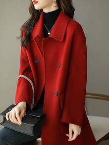 Chaqueta de tweed de las mujeres en la sección larga de color sólido gabardina abrigo otoño e invierno nueva Inglaterra viento viento universitario abrigo de tweed en la sección larga de la gabardina chaqueta - Rojo - Ver 2