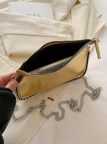 Fashionable Women's Chain Square Bag, Shoulder & Crossbody Bag With Rivet Decoration And Zipper Closure - Gold - View 6