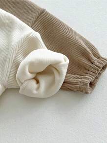 Baby Boy 1pc Embroidery Bear Pattern Drop Shoulder Rib-knit Sweatshirt & 1pc Pants - Khaki - View 5