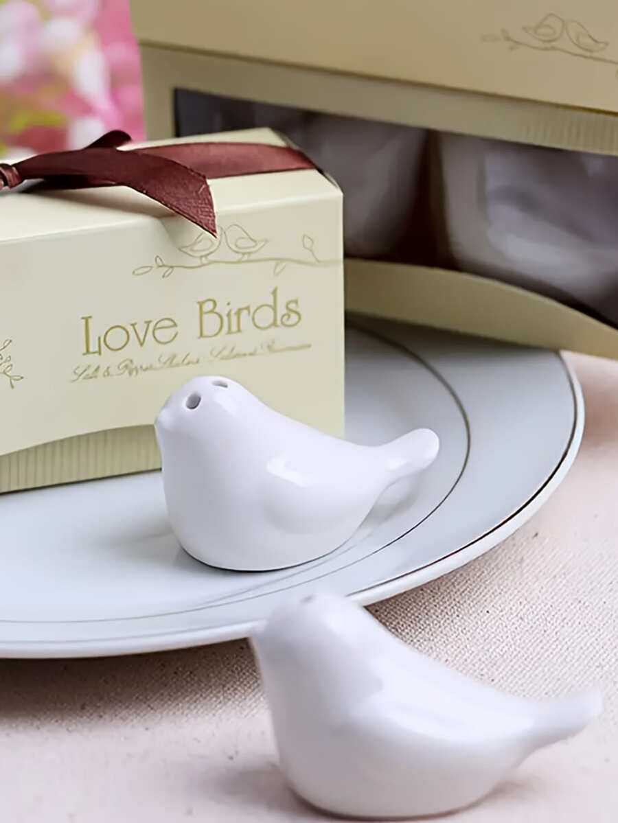 2 piezas/Set de recipientes para especias con forma de pájaro de cerámica, regalos de boda para damas de honor y padrinos - Blanco - Ver 1