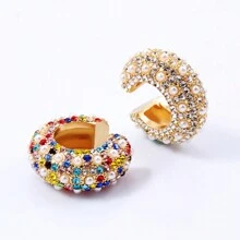 European And American Style Colorful Rhinestone Non-Pierced Clip-On Earrings, Metal Rainbow C-Shaped  Ear Cuff, Vintage Pearl Ear Jewelry For Women - Ear Clip - View 1