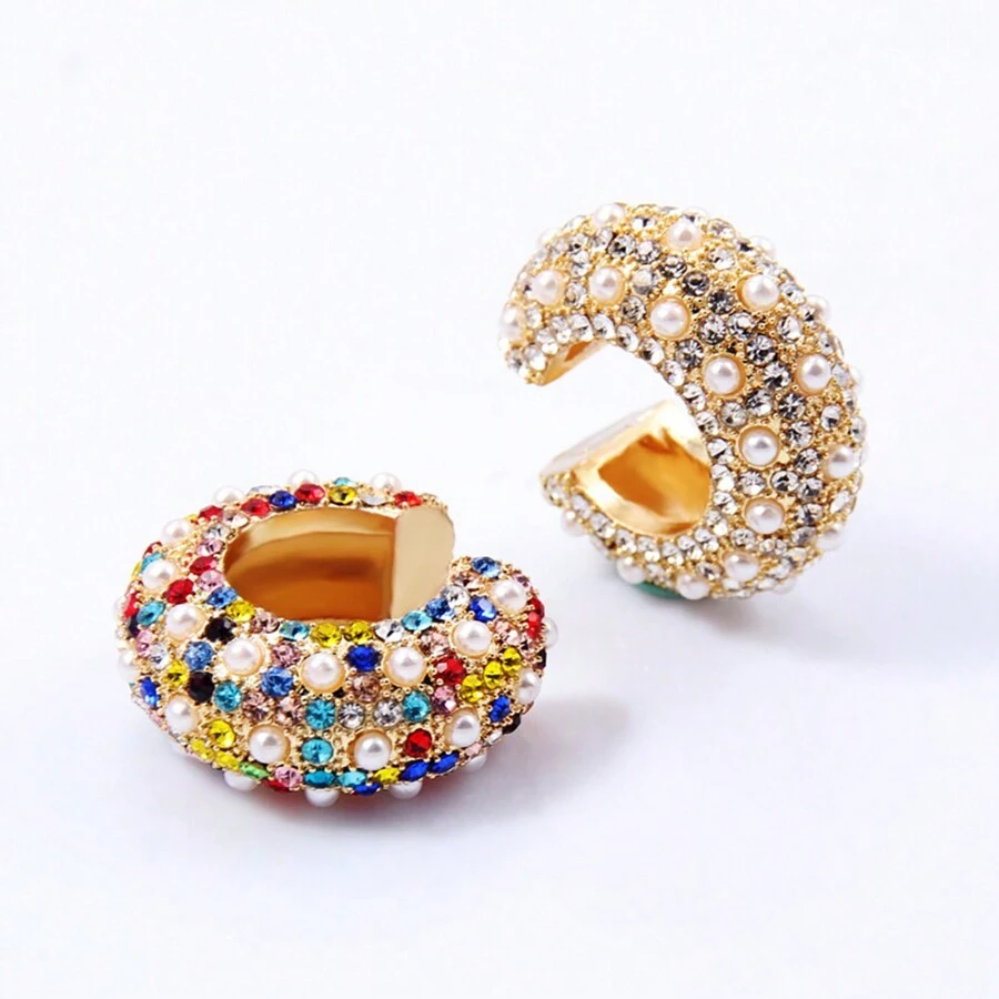 European And American Style Colorful Rhinestone Non-Pierced Clip-On Earrings, Metal Rainbow C-Shaped  Ear Cuff, Vintage Pearl Ear Jewelry For Women - Ear Clip - View 1