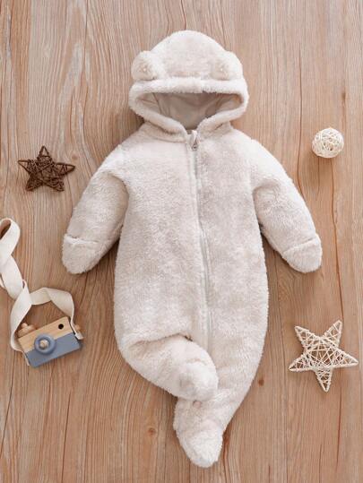 H HIBOBI Body para bebe unisex de invierno con mangas largas y orejas de oso de peluche en 3D, muy lindo y calentito, cubierta para las manos y pies (forro del gorro sin posición fija)