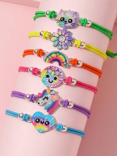 6pcs/Set Cute Crown Cat, Unicorn & Rainbow Elastic Bracelets For Girls
