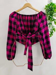 Cropped Xatrez Manga Longa Feminina - Rosa chiclete - Visão 2