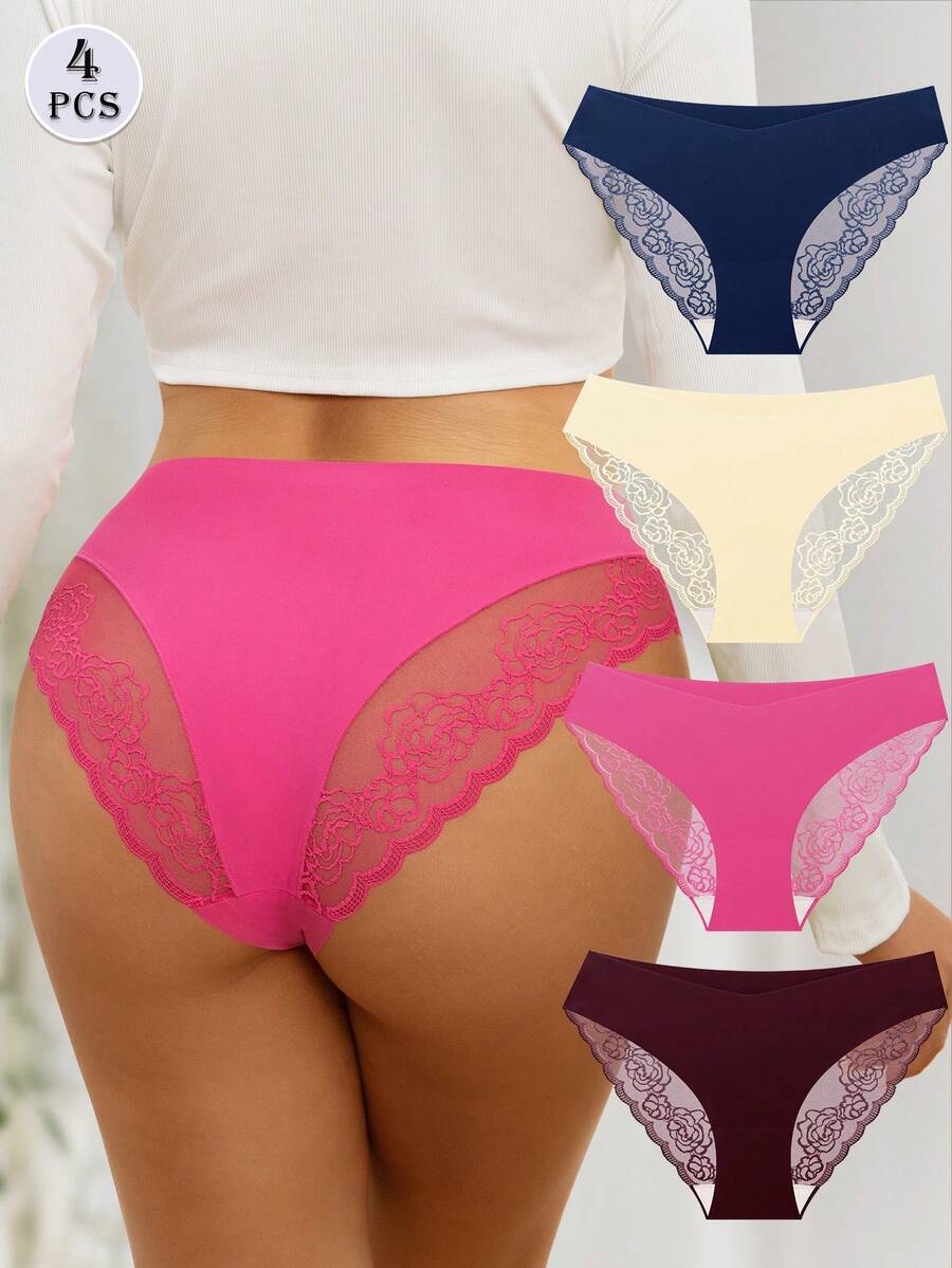 4入組/套加大碼女士低腰蕾絲三角褲，性感兼具膚觸柔軟
