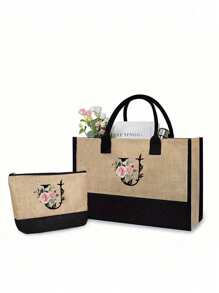 1Pc/2Pcs,Flower Letter Pattern,Initial Jute/Canvas Tote Bag Comes With A Makeup Bag, Personalized Present Bag, Suitable For Wedding, Birthday, Beach, Holiday,School Bag , Is A Great Gift For Women, Mom, Teachers, Friends, Bridesmaids,Student ,Large Bag , Back To School ,Simple Large-Capacity Handbag, Portable Casual Storage Tote Bag, Best Teacher Gift - Khaki - View 37