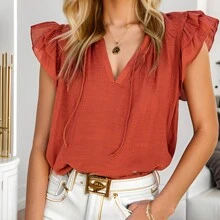 Women's V-Neck Ruffled Sleeves Short-Sleeved Casual Shirt - Rose Red - View 2