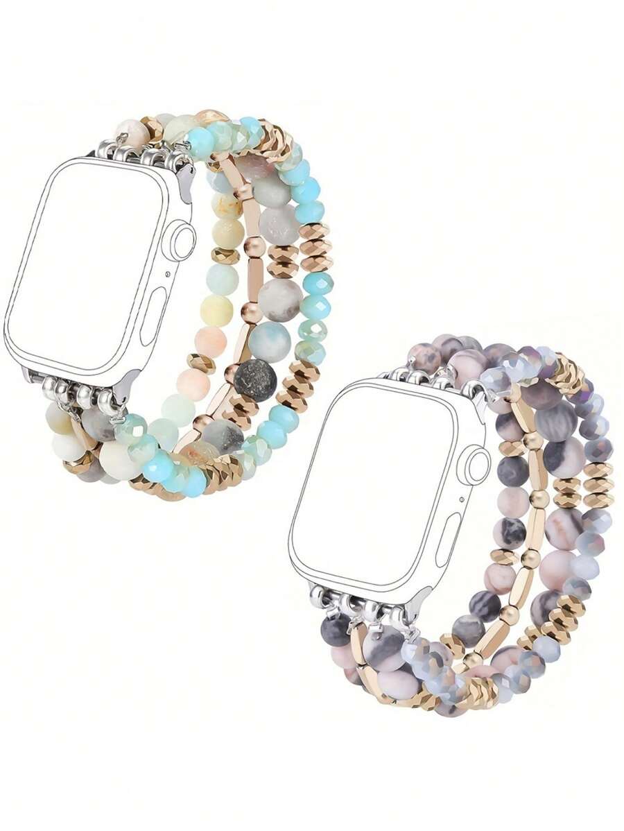 1 件天然石波西米亚风手链兼容 Apple Watch 表带 40mm/38mm/41mm 系列 9 8 7 SE 系列 6/5/4 女式时尚可爱手工水晶珠弹性表带兼容 Apple Watch 表带系列 3/2/1 女式替换 Apple Watch 表带 - 多色 - 查看 1