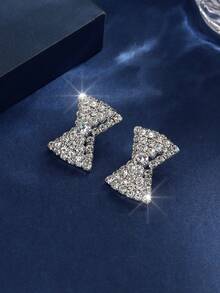 1pair Bowknot Earrings With Full Rhinestone Decoration, Elegant & Glamorous Ear Studs From Ocean Collection For Summer Beach Parties - White - View 5