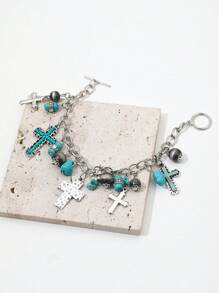 1 件西部女牛仔风格绿松石牛仔帽、皇冠、蝴蝶、和人造珍珠串珠手链 - 復古銀色 - 查看 3