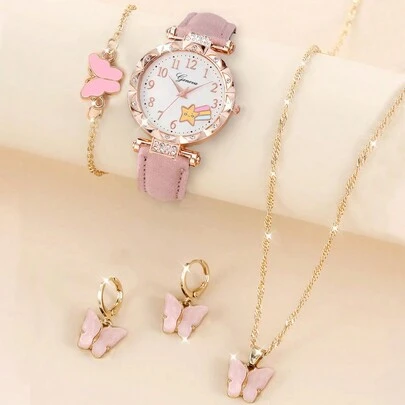 5pcs Fashionable Casual Teen Quartz Watches & 4pcs Butterfly Jewelry Set - The Best Choice For Gifts