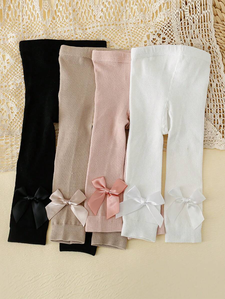 4 piezas Medias largas básicas para niñas con longitud de nueve cuartos con decoración de lazo, adecuadas para uso diario durante todo el año - Multicolor - Ver 1