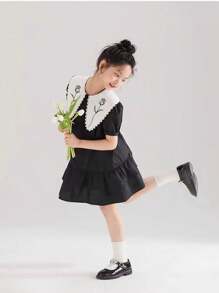 Young Girl Contrast Collar Dress With Flower Embroidery And Ruffle Trim - Black - View 3
