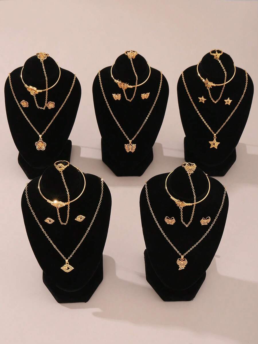 5 件套奢华金属质感蝴蝶、星星、蝴蝶结、眼睛、花朵项链、耳环、手链、戒指首饰套装，适合女孩、礼物