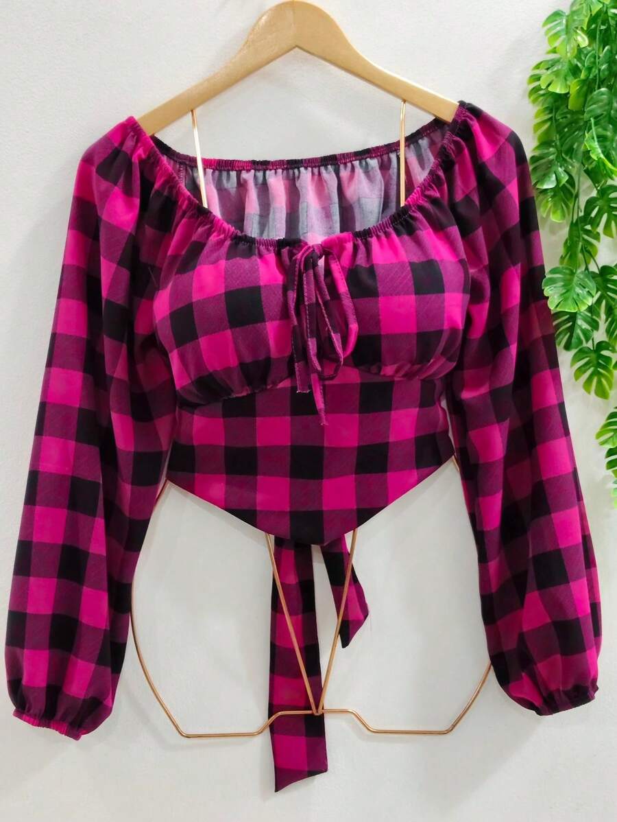 Cropped Xatrez Manga Longa Feminina - Rosa chiclete - Visão 1