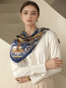 1pc Women's Elegant 90x90cm Plant & Floral Print Imitated Silk Scarf, Fashionable  Multi-Use Shawl, Windproof Warm Scarf, Sunscreen Beach Towel, Decorative Hairband & Necktie, Suitable For Daily Wear, Dates, Vacation, Travel, Photography And Festival Gifts - Multicolor - View 8