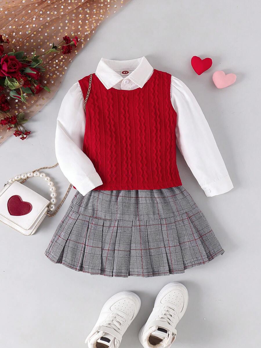 3pcs Girls Elegant School Style Long Sleeve Shirt + Vest + Skirt Set, Autumn/Winter - Red and White - View 1