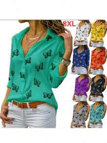 Camisa Manga Larga Estampado Mariposa Mujer Multicolor Suelta Solapa Camisa Temperamento Casual La talla es pequeña - Amarillo - Ver 4