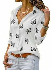 Camisa Manga Larga Estampado Mariposa Mujer Multicolor Suelta Solapa Camisa Temperamento Casual La talla es pequeña - Amarillo - Ver 5