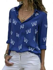 Camisa Manga Larga Estampado Mariposa Mujer Multicolor Suelta Solapa Camisa Temperamento Casual La talla es pequeña - Amarillo - Ver 6