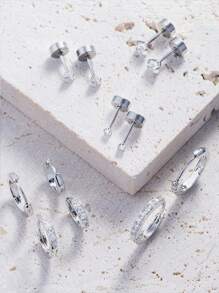 6对装小巧锆石耳钉，耳骨/耳廓/耳屏耳钉，精致不锈钢耳环套装，女士款 - 銀色 - 查看 6