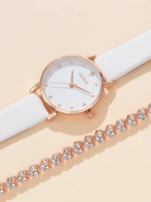 1 pieza Reloj de mujer con decoración de estrás y movimiento de cuarzo y 1 pieza Pulsera - Oro rosa - Ver 3