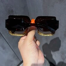 1 Pair Women's Oversized Square Frame Rhinestone Decorated Fashion Glasses For Summer Beach Vacation,Outdoor,Travel - Coffee Brown - View 2