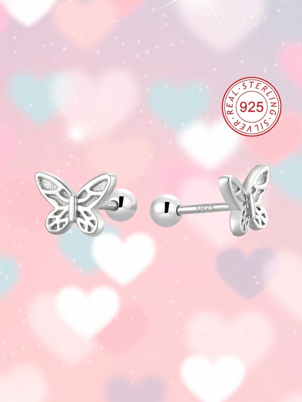 Artepollo 1 Pair 925 Silver Hypoallergenic Butterfly Earrings, Screw Backs, Gift Box Packaging, Gift For Kids, Young Girls, Friends Birthday