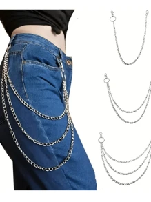 1pc Unisex Hip-Hop Jeans Chain, Adjustable 1/2/3 Layers, Silver Gothic Punk Rider Style Multi-Layered Structural Wallet Belt Chain - Silver - View 4