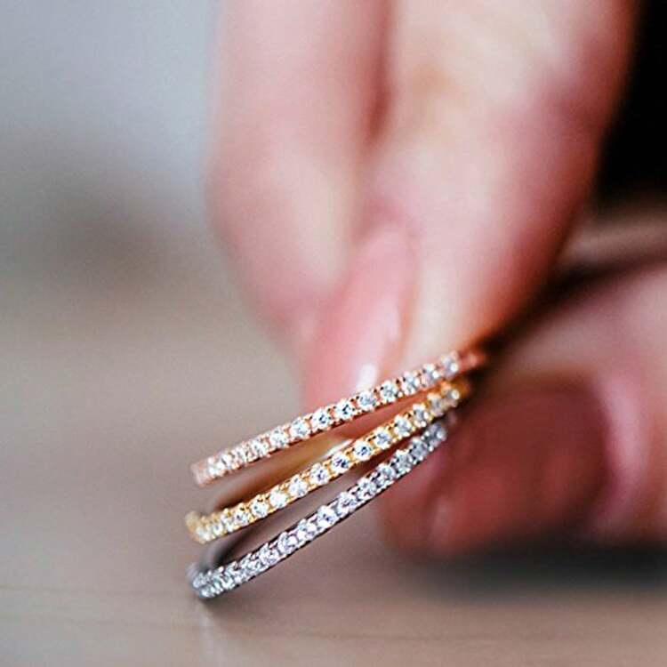 PAVOI 14K Yellow Gold Plated 925 Sterling Silver Stackable CZ Ring For Women | Thin Band For Stacking | Simulated Diamond Eternity Wedding Band | Size 7.5 - Vàng - Xem 2