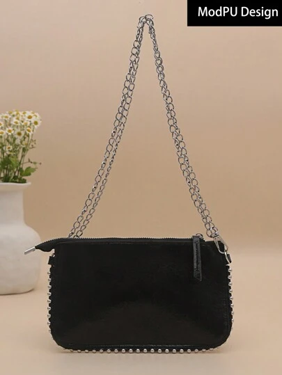 Fashionable Women's Chain Shoulder & Crossbody Bag, Rivet Decorated With Zipper Closure