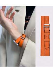 1 pieza Correa de reloj de cuero naranja de marca de moda para mujer, se envuelve alrededor de la muñeca dos veces, suave y elegante, reemplazo compatible con smartwatch de 38mm, 40mm, 41mm, 42mm, 44mm, 45mm, 49mm - color naranja - Ver 3