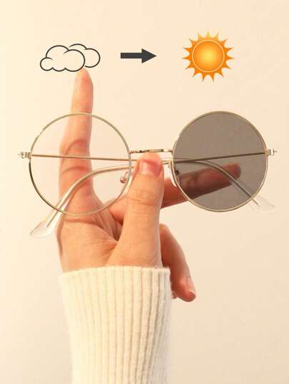 1 par de gafas de moda con montura redonda de metal dorado y fotocromáticas, de estilo retro, adecuadas para el uso diario de las mujeres, esenciales para Halloween, atuendos de otoño/invierno, casual de negocios, regalo ideal para la playa de verano, actividades al aire libre, viajes