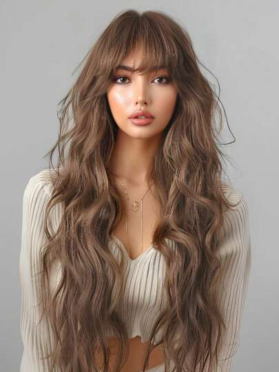 Lång lockig peruk med lugg, flätad syntetisk hårfiber, realistisk hårbotteneffekt för vardagsbruk