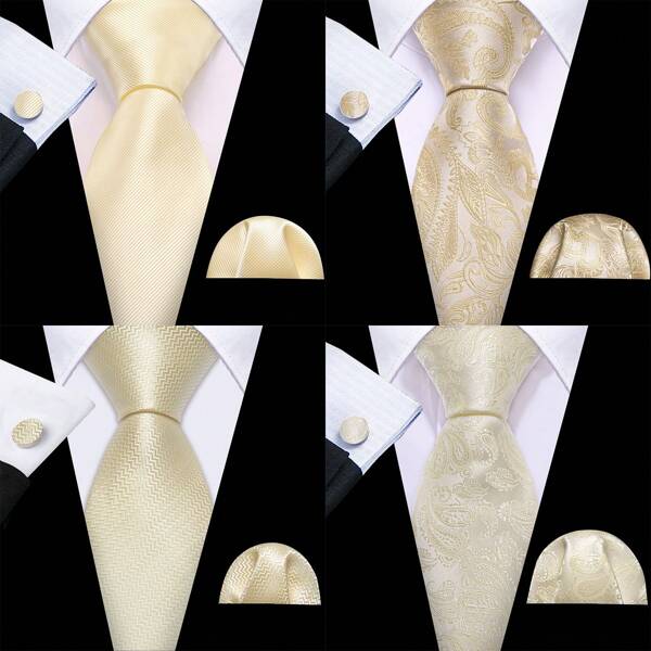 Men Silk Tie Ivory Champagne Solid Striped Floral Paisley Necktie Set Cufflinks Hanky