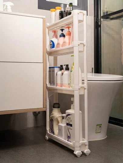 1个白色多层厨房储物架，落地式多层置物架，带脚轮，方便移动，推车式收纳架