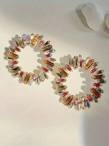 1pair Fashionable Exaggerated Round Crystal Inlaid Vintage Style Statement Earrings For Women, Daily Wear