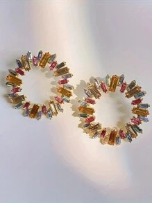 1pair Fashionable Exaggerated Round Crystal Inlaid Vintage Style Statement Earrings For Women, Daily Wear