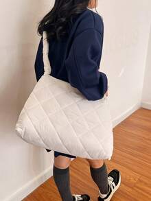 Fashionable Quilted Soft Skin-Friendly Thread Embroidery Ladies' Travel/Vacation Large Capacity Lightweight Shoulder Bag With Adjustable Strap - White - View 4