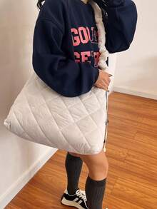 Fashionable Quilted Soft Skin-Friendly Thread Embroidery Ladies' Travel/Vacation Large Capacity Lightweight Shoulder Bag With Adjustable Strap - White - View 6